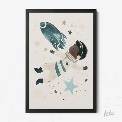 framed art featuring a black astronaut floating in space surrounded by stars and a rocket