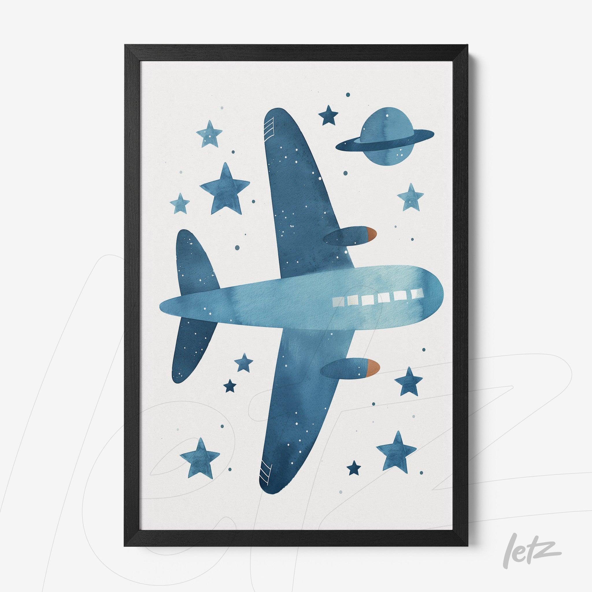framed watercolor illustration of an airplane in blue against a white background with stars and planet