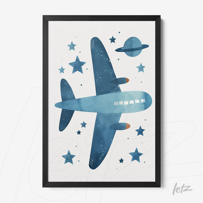 framed watercolor illustration of an airplane in blue against a white background with stars and planet