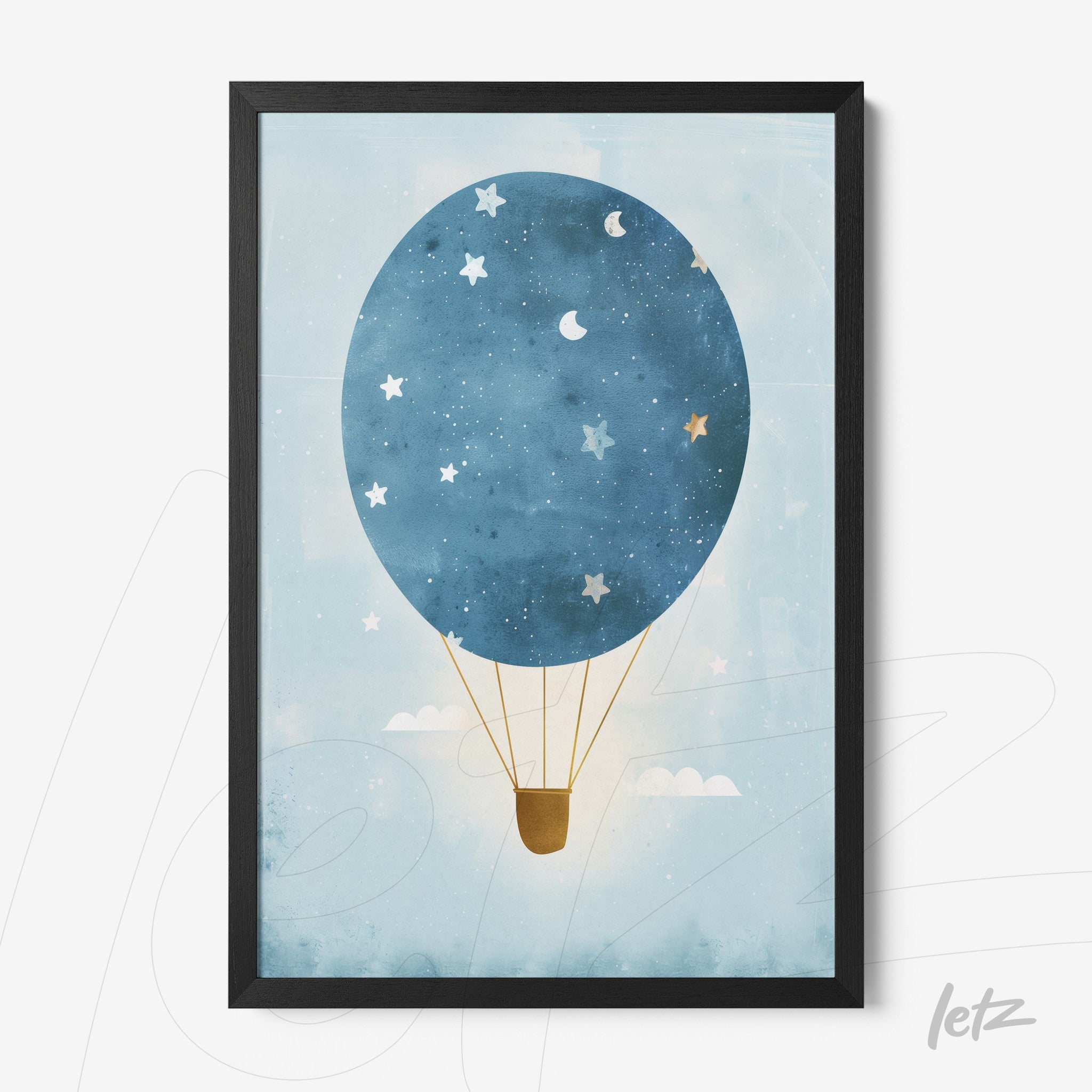 framed artwork of a blue hot air balloon against a light blue background with stars