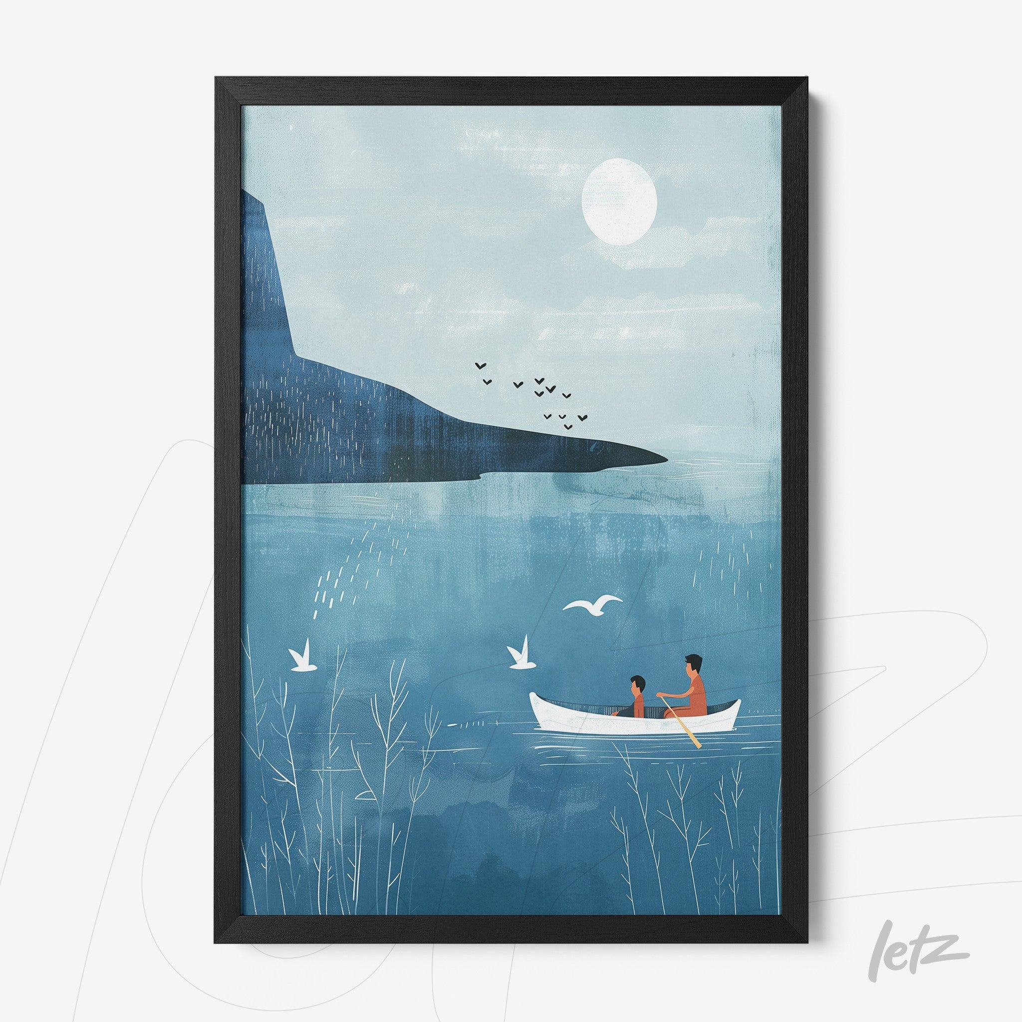 framed artwork depicting a minimalist illustration of a couple in a boat on a tranquil lake with a blue background and distant mountains