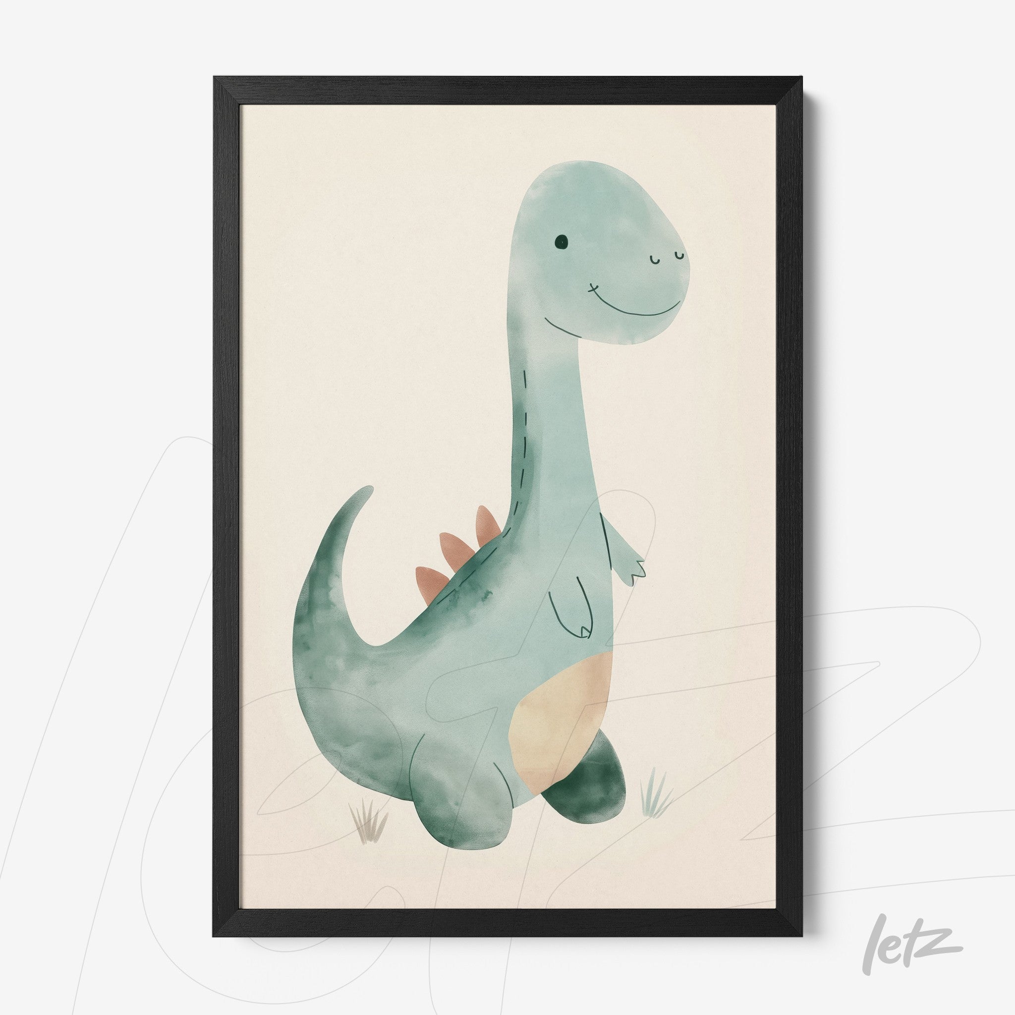 framed wall art of a cute dinosaur in soft colors with a light neutral background