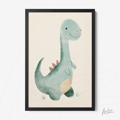 framed wall art of a cute dinosaur in soft colors with a light neutral background