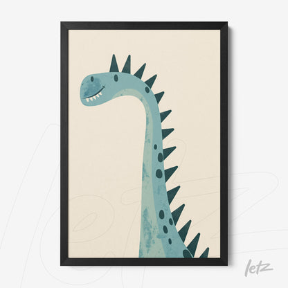 framed wall art featuring a blue dinosaur illustration with black frame