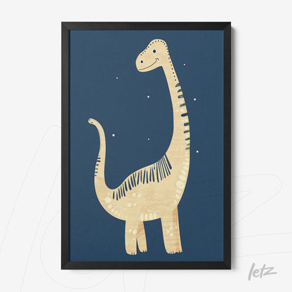 framed wall art featuring a yellow dinosaur illustration on a dark blue background with a black frame