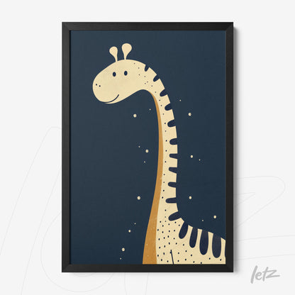 framed art of a stylized giraffe on dark blue background with black frame