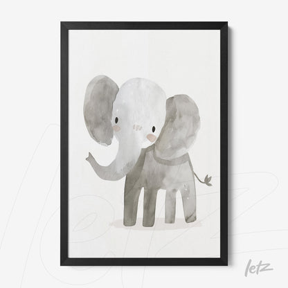 framed watercolor illustration of an elephant with a black frame