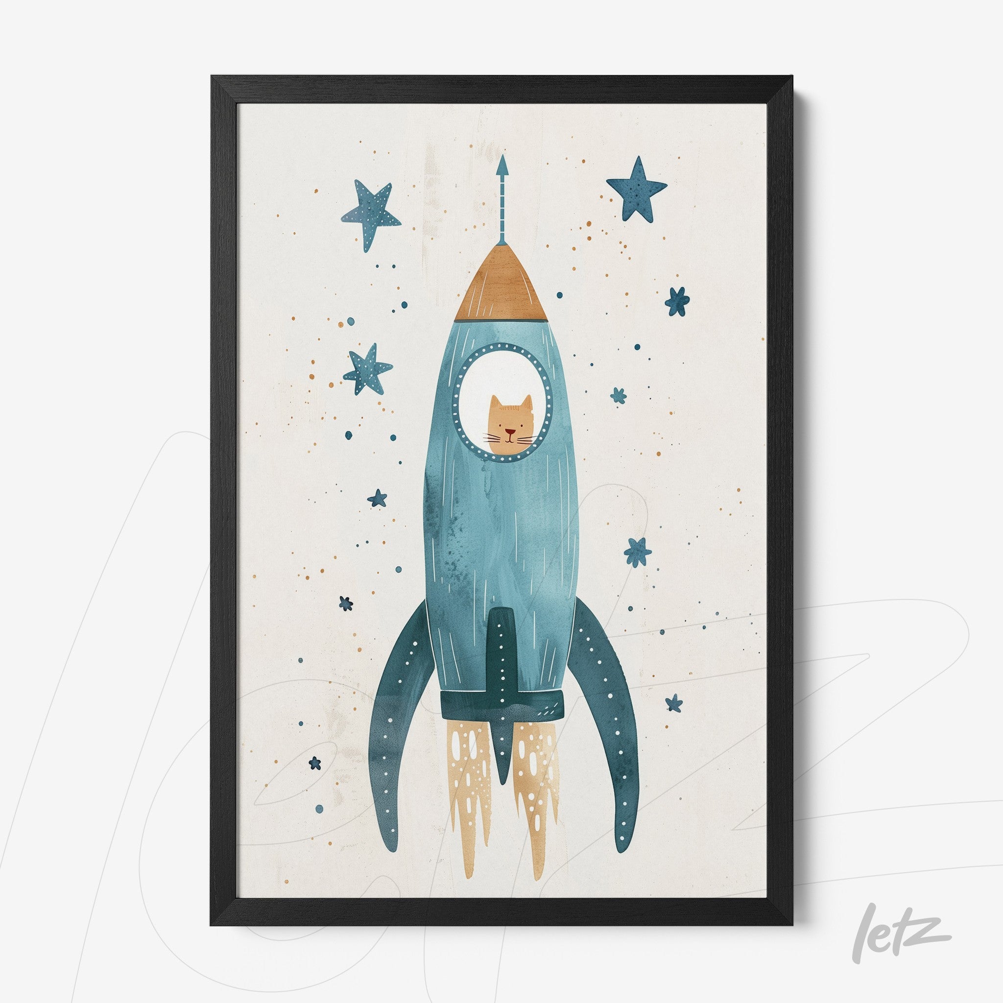 framed illustration of a blue rocket with a cat inside against a light background with stars