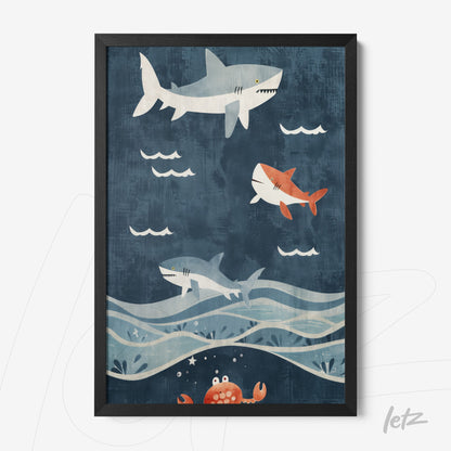 framed children’s illustration of swimming sharks in dark blue background with thin black frame
