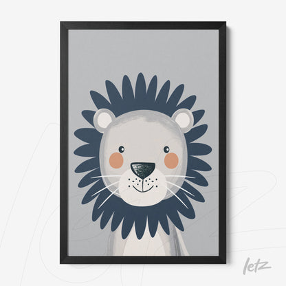 framed artwork of a smiling lion illustration on gray background with black frame