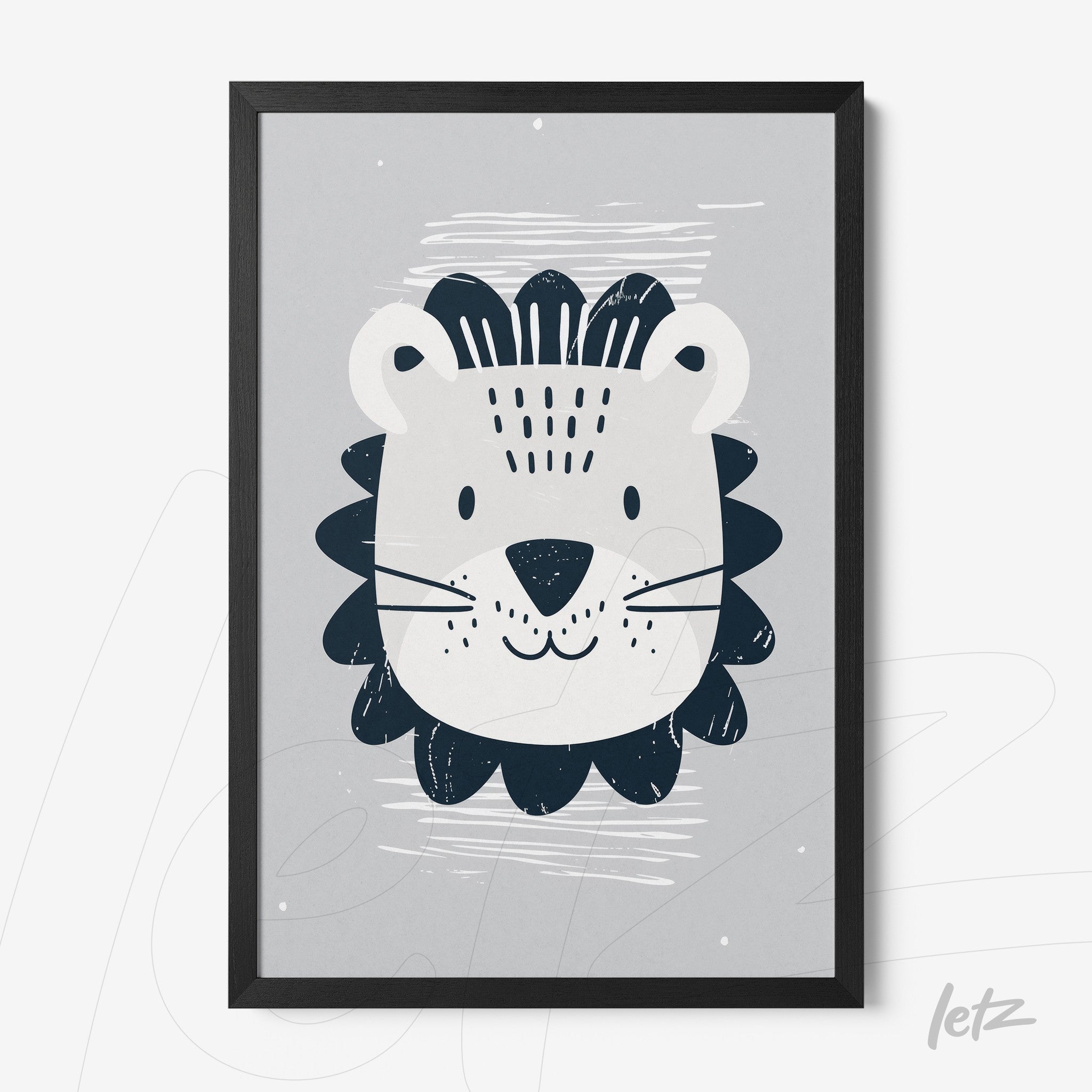 framed art featuring a stylized lion illustration against a gray background