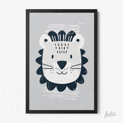 framed art featuring a stylized lion illustration against a gray background