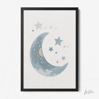 framed artwork of a night sky featuring a blue moon and golden stars