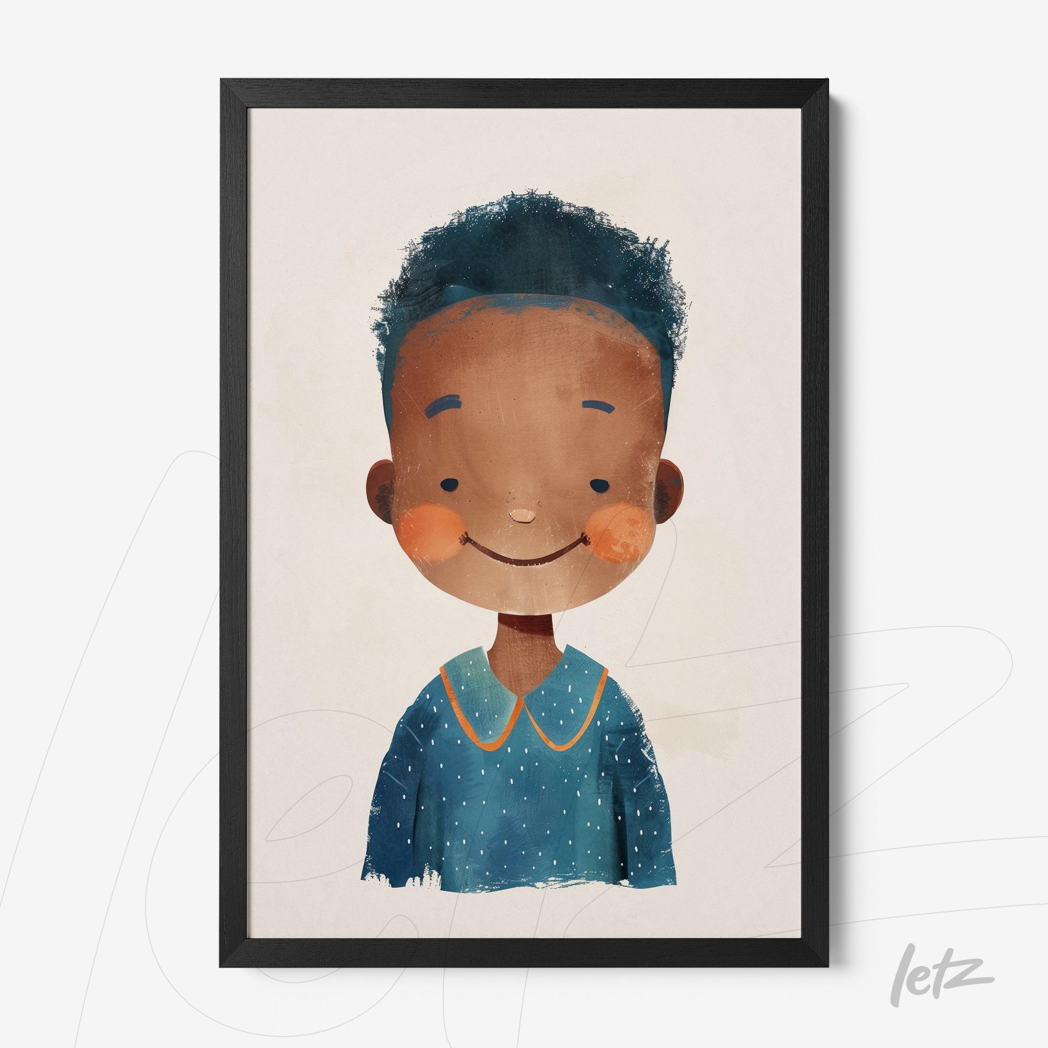framed artwork featuring a smiling child with curly hair wearing a blue shirt
