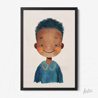 framed artwork featuring a smiling child with curly hair wearing a blue shirt