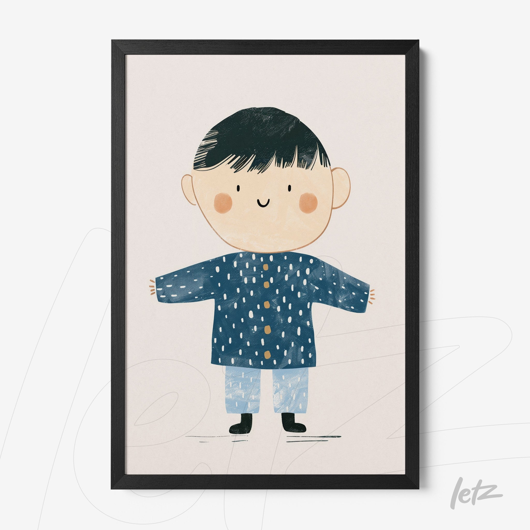 framed wall art featuring a cheerful illustration of a boy wearing a blue coat with white dots
