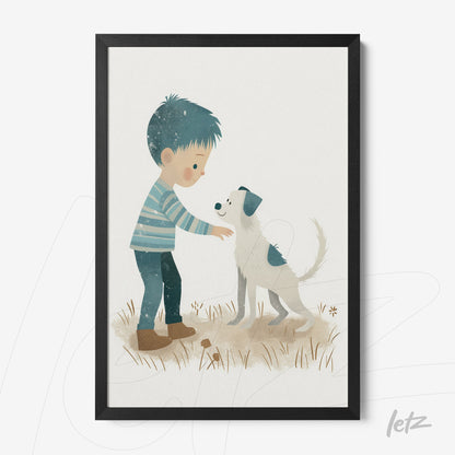 framed children's illustration of a boy interacting with a dog in a black frame
