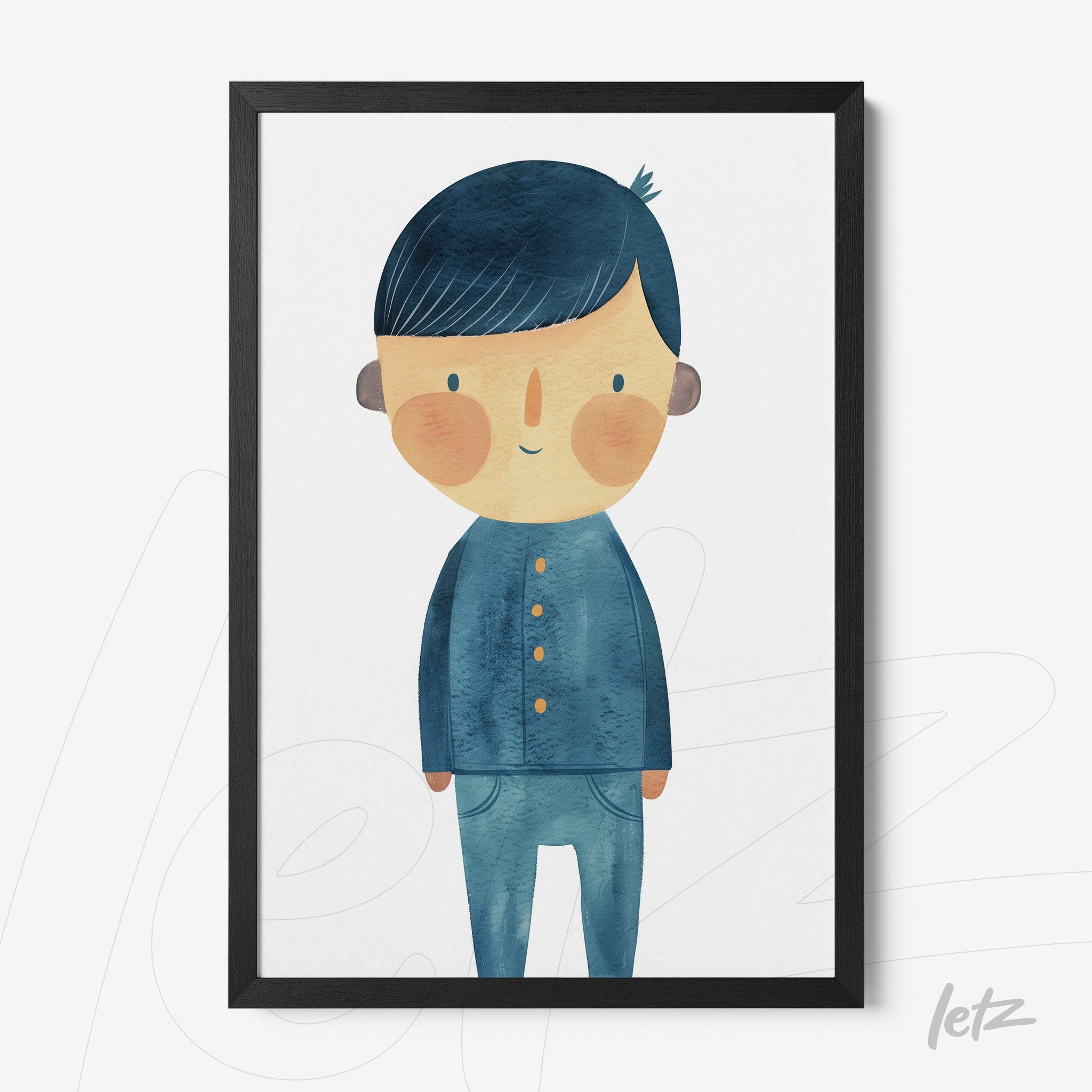 framed artwork featuring a boy in blue clothing with a black frame