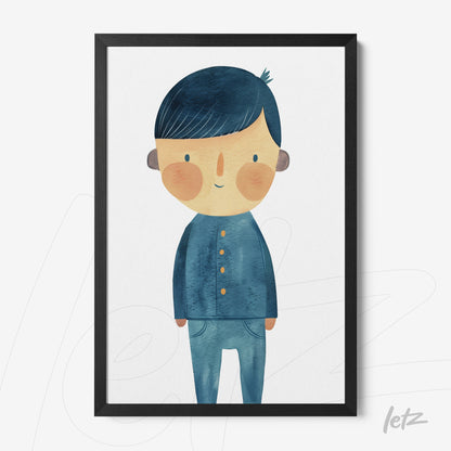 framed artwork featuring a boy in blue clothing with a black frame