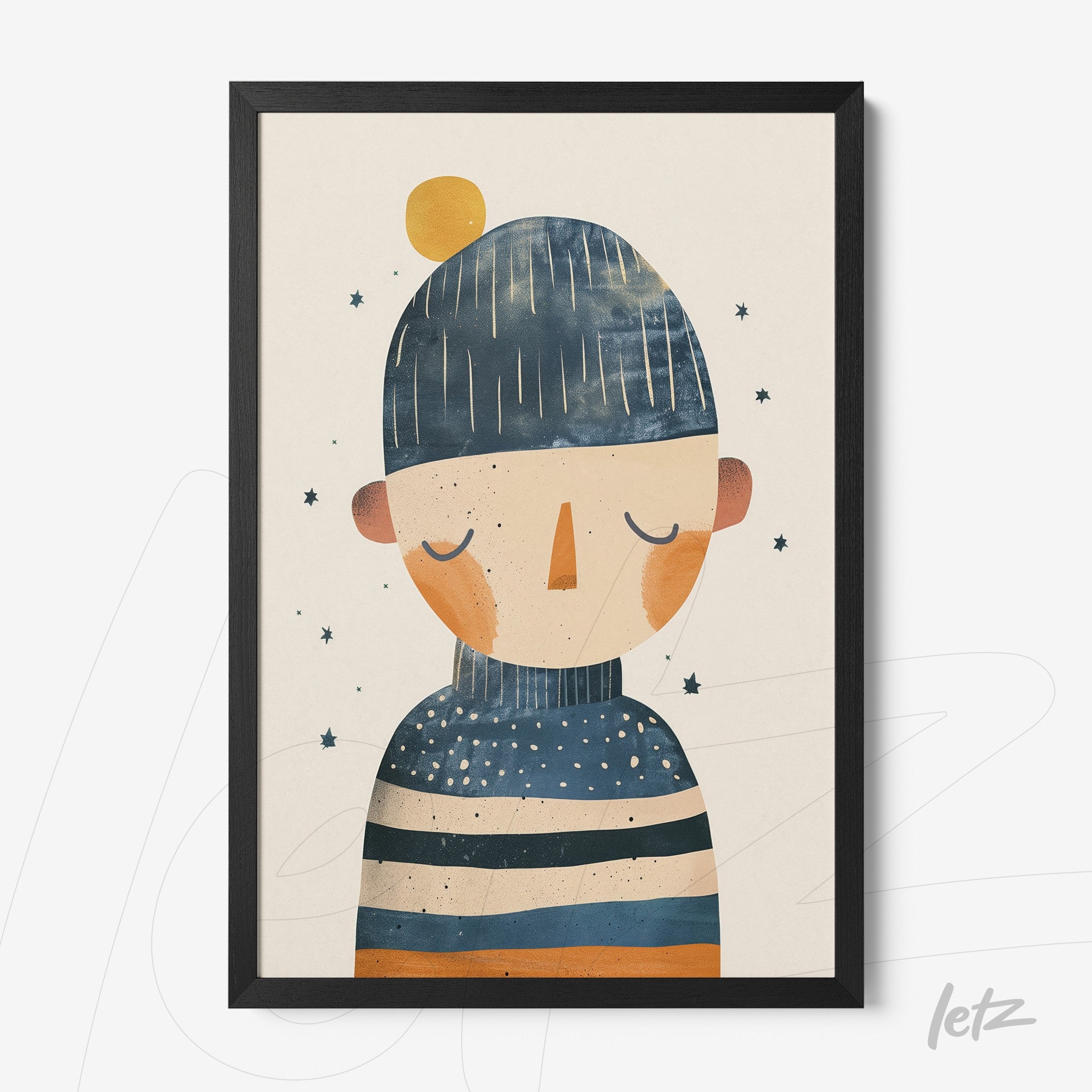 framed art featuring an illustration of a character wearing a beanie and striped sweater