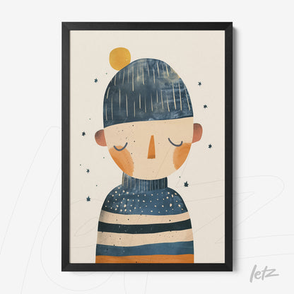 framed art featuring an illustration of a character wearing a beanie and striped sweater