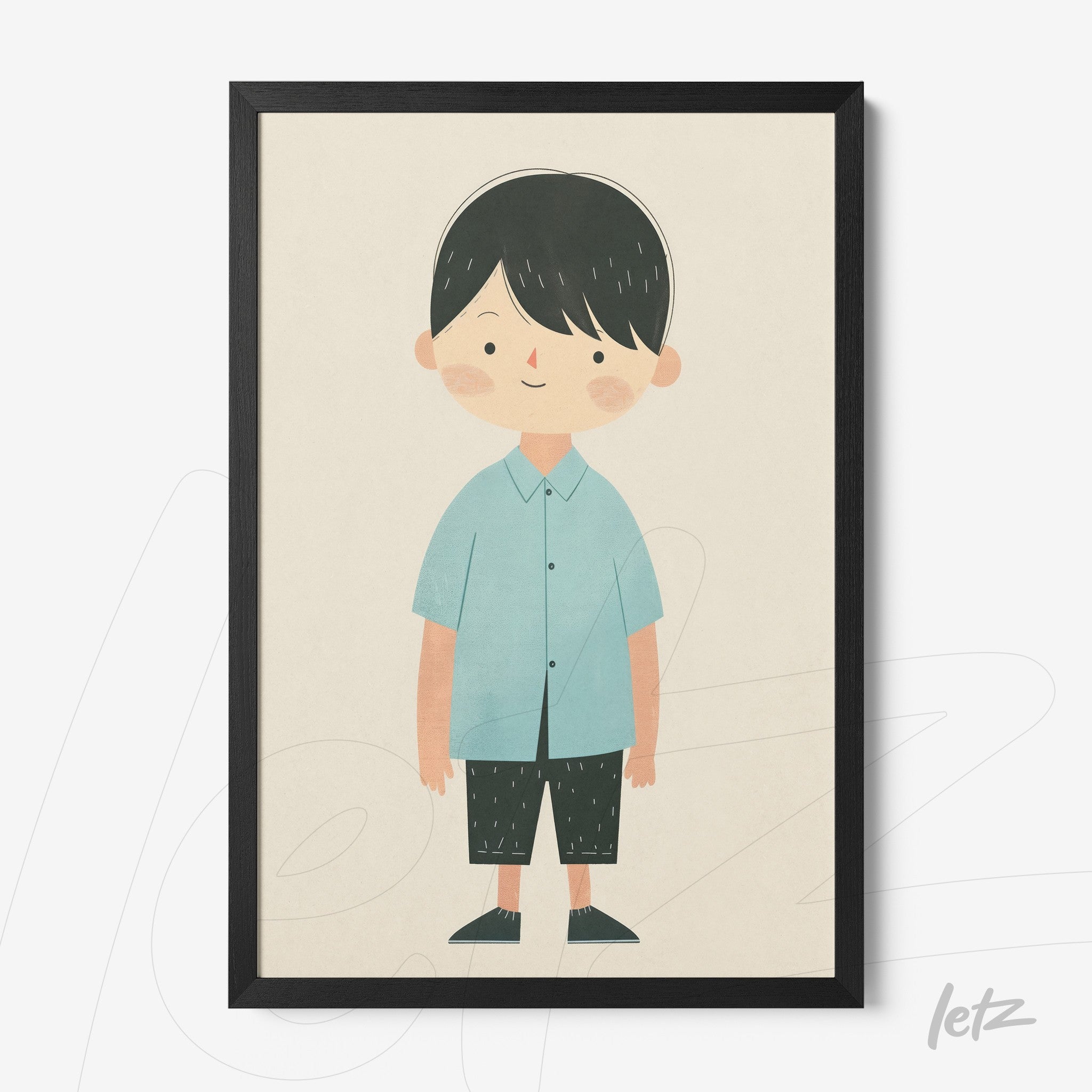 framed wall art featuring a smiling boy illustration wearing a blue shirt and dark pants