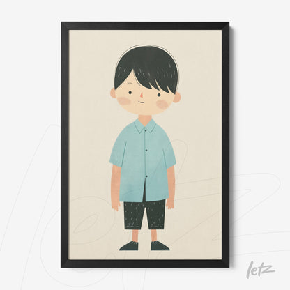 framed wall art featuring a smiling boy illustration wearing a blue shirt and dark pants