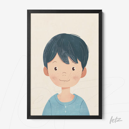framed art featuring a cheerful young boy with short black hair and freckles
