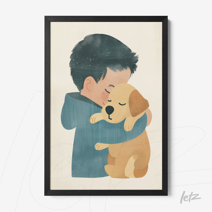 framed illustration of a boy hugging a dog with a black frame