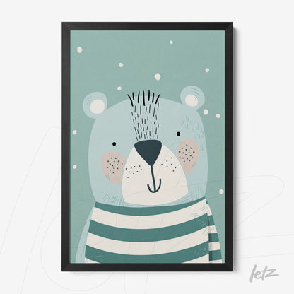 framed wall art featuring a smiling bear illustration on a blue background with fine black frame