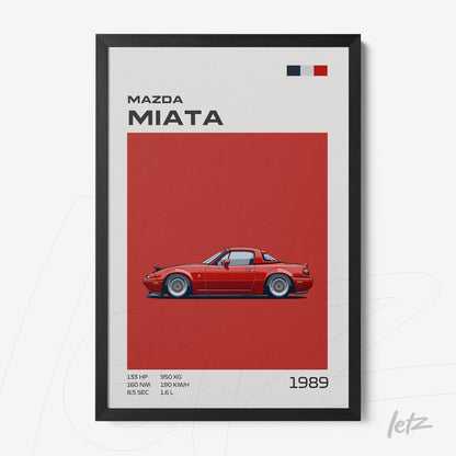 framed wall art featuring a digital illustration of a Mazda Miata on a red background with black frame