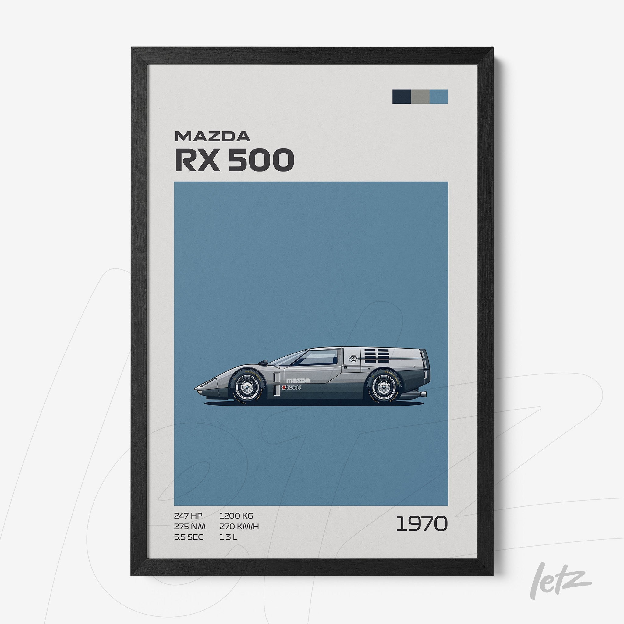 framed artwork of Mazda RX 500 car illustration with black frame, featuring a blue background and technical specifications on the right