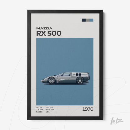 framed artwork of Mazda RX 500 car illustration with black frame, featuring a blue background and technical specifications on the right
