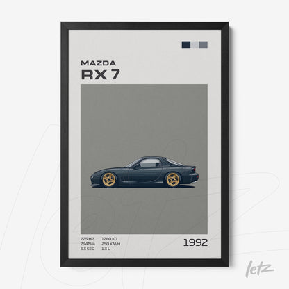 framed digital art of a 1992 Mazda RX 7 in sleek black frame