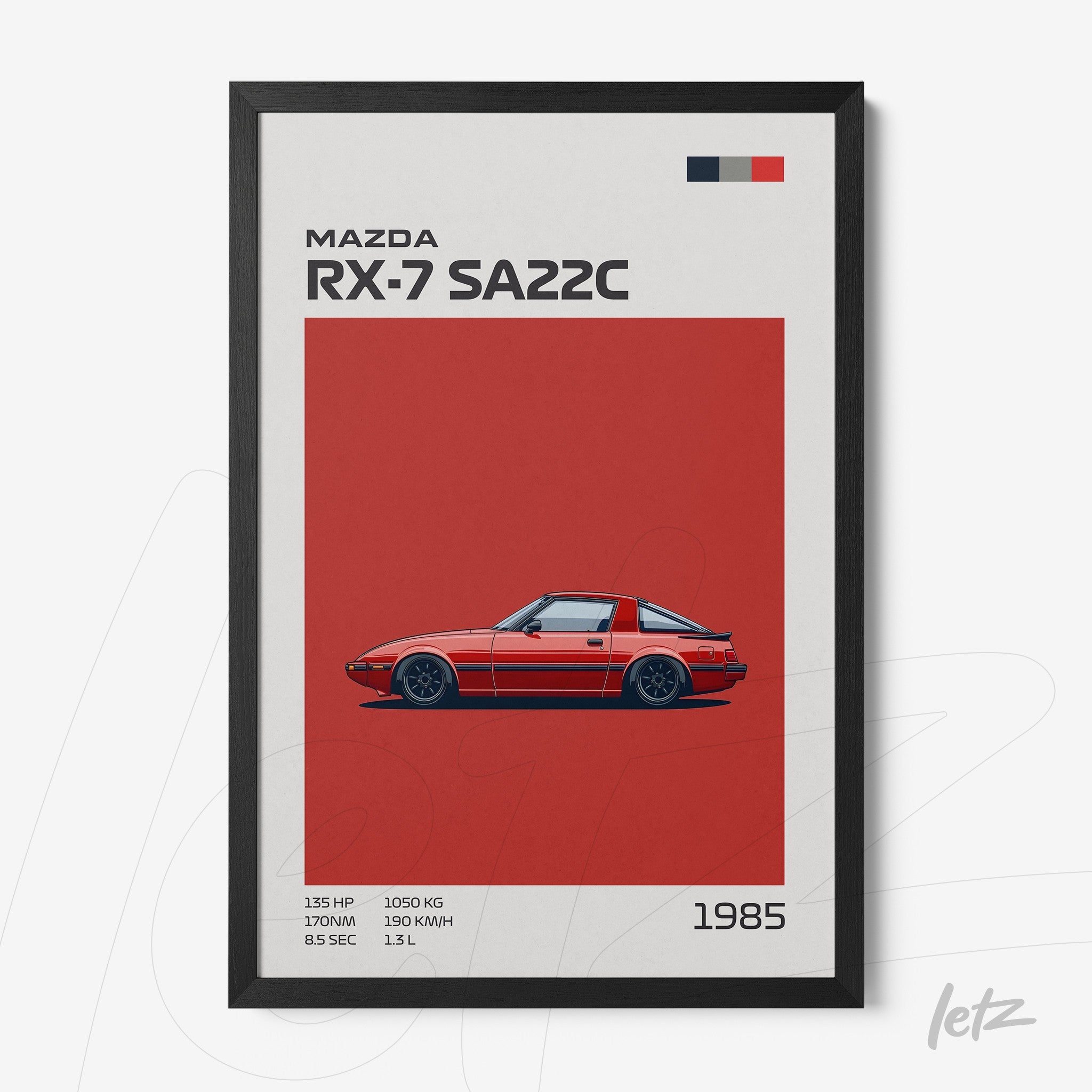 framed wall art featuring a minimalist illustration of a mazda rx-7 sa22c with a black frame