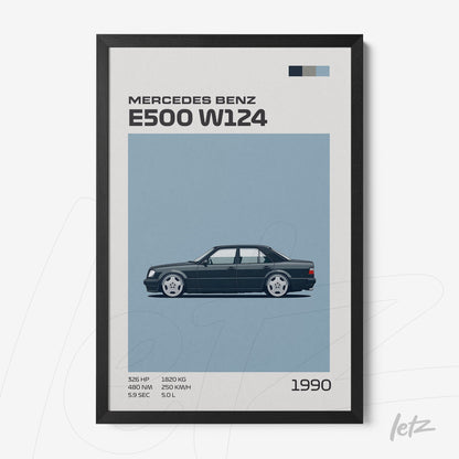 framed art print of classic Mercedes Benz E500 W124 car on blue background with black frame