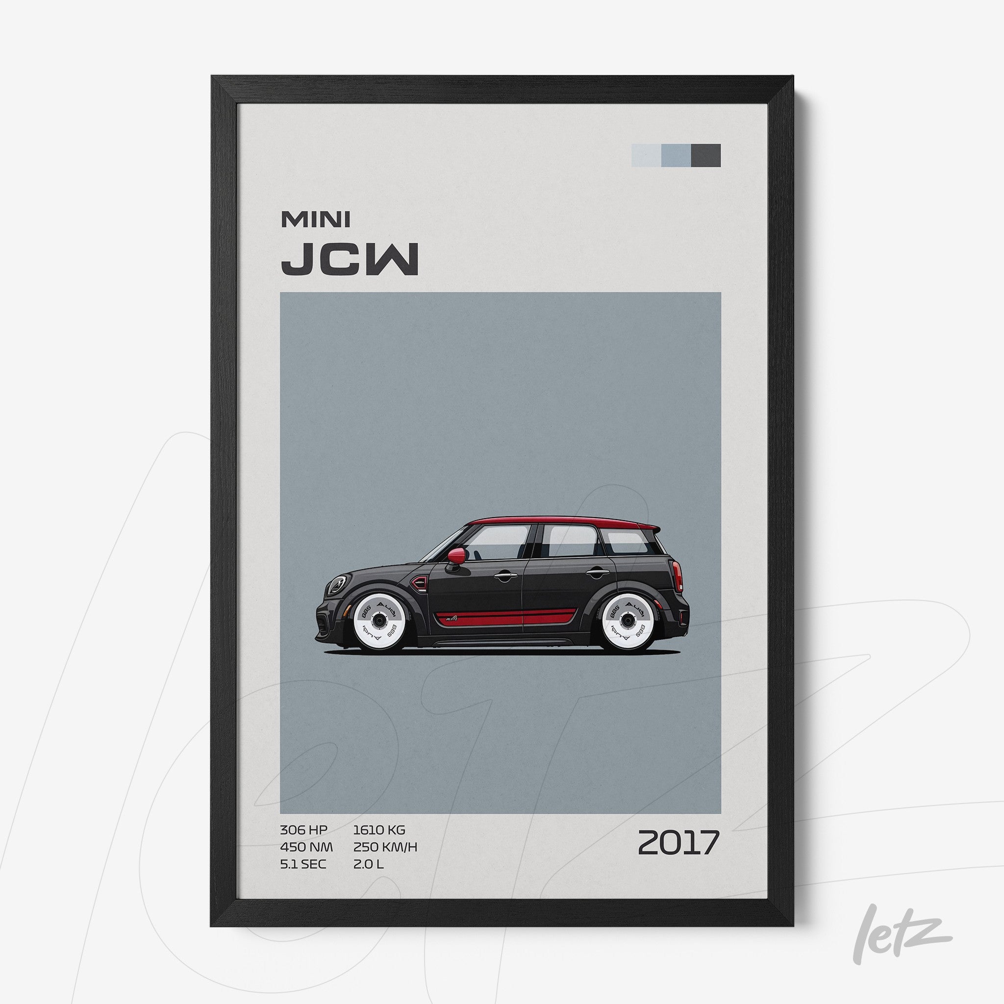 framed wall art featuring a stylized illustration of a Mini JCW on a gray background