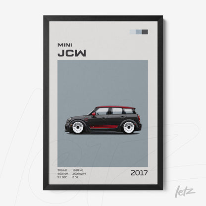 framed wall art featuring a stylized illustration of a Mini JCW on a gray background