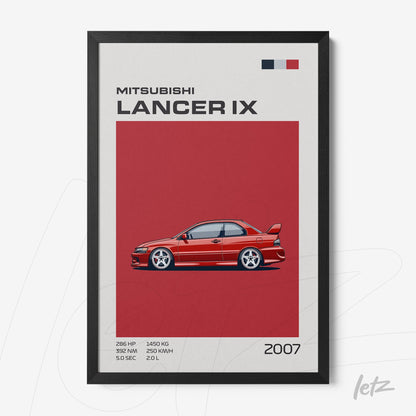 framed artwork featuring a stylized illustration of Mitsubishi Lancer IX on a red background with black frame