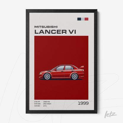 framed illustration of the 1999 Mitsubishi Lancer VI on a red background