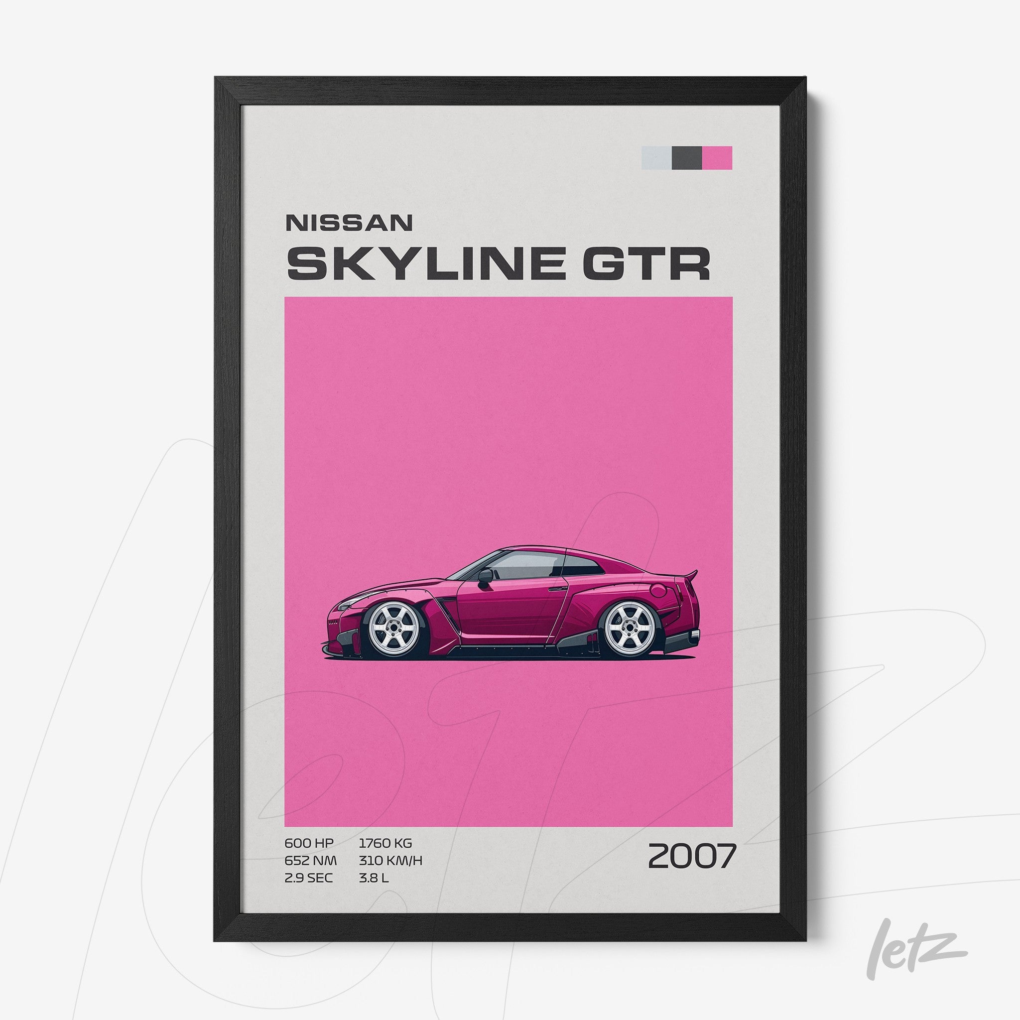 digital art panel of Nissan Skyline GTR with pink background and black frame