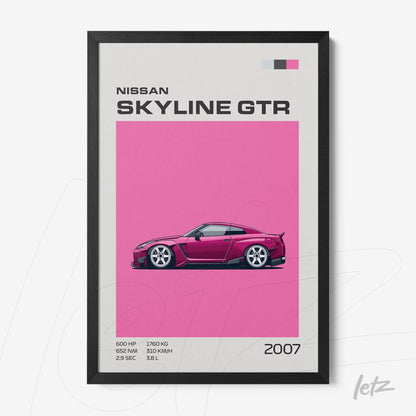 digital art panel of Nissan Skyline GTR with pink background and black frame
