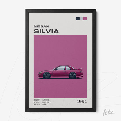 framed art illustration of a Nissan Silvia car in pink background with black frame