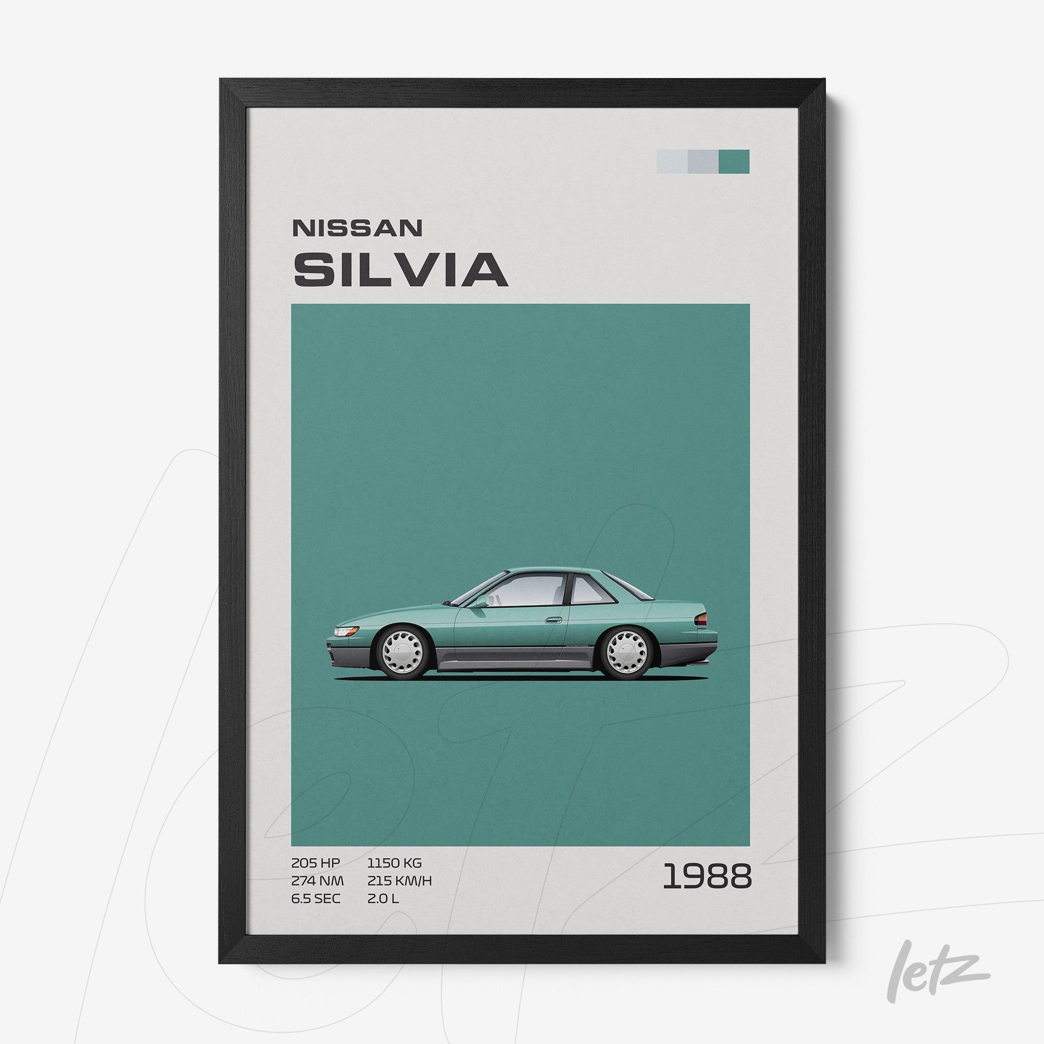 framed retro art of a Nissan Silvia car against a teal background with black frame