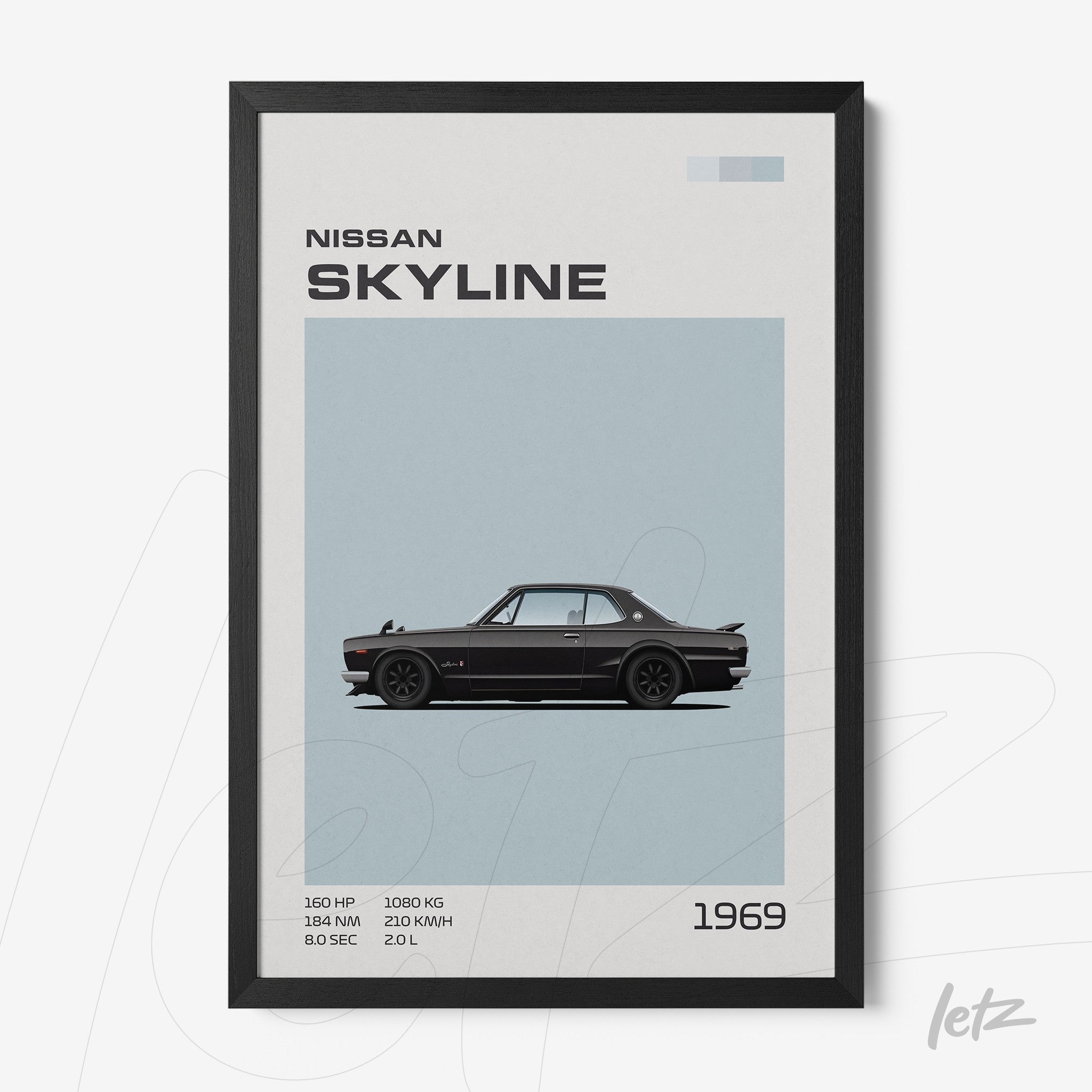 framed artwork featuring a stylized illustration of the 1969 Nissan Skyline with a black frame
