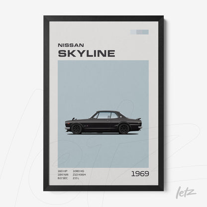 framed artwork featuring a stylized illustration of the 1969 Nissan Skyline with a black frame