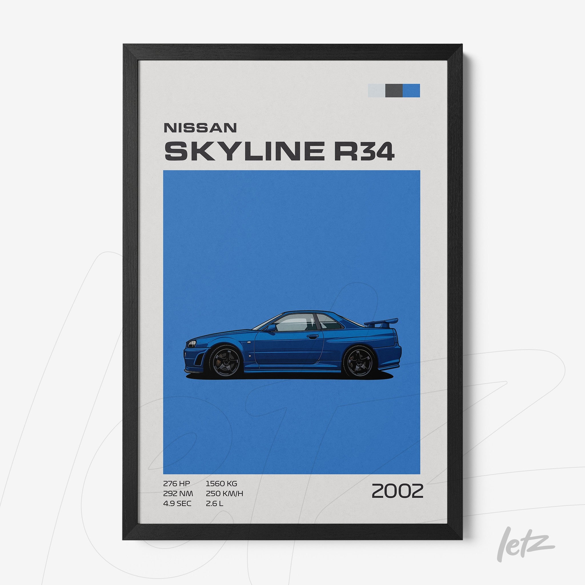 framed artwork of Nissan Skyline R34 in blue background with black frame
