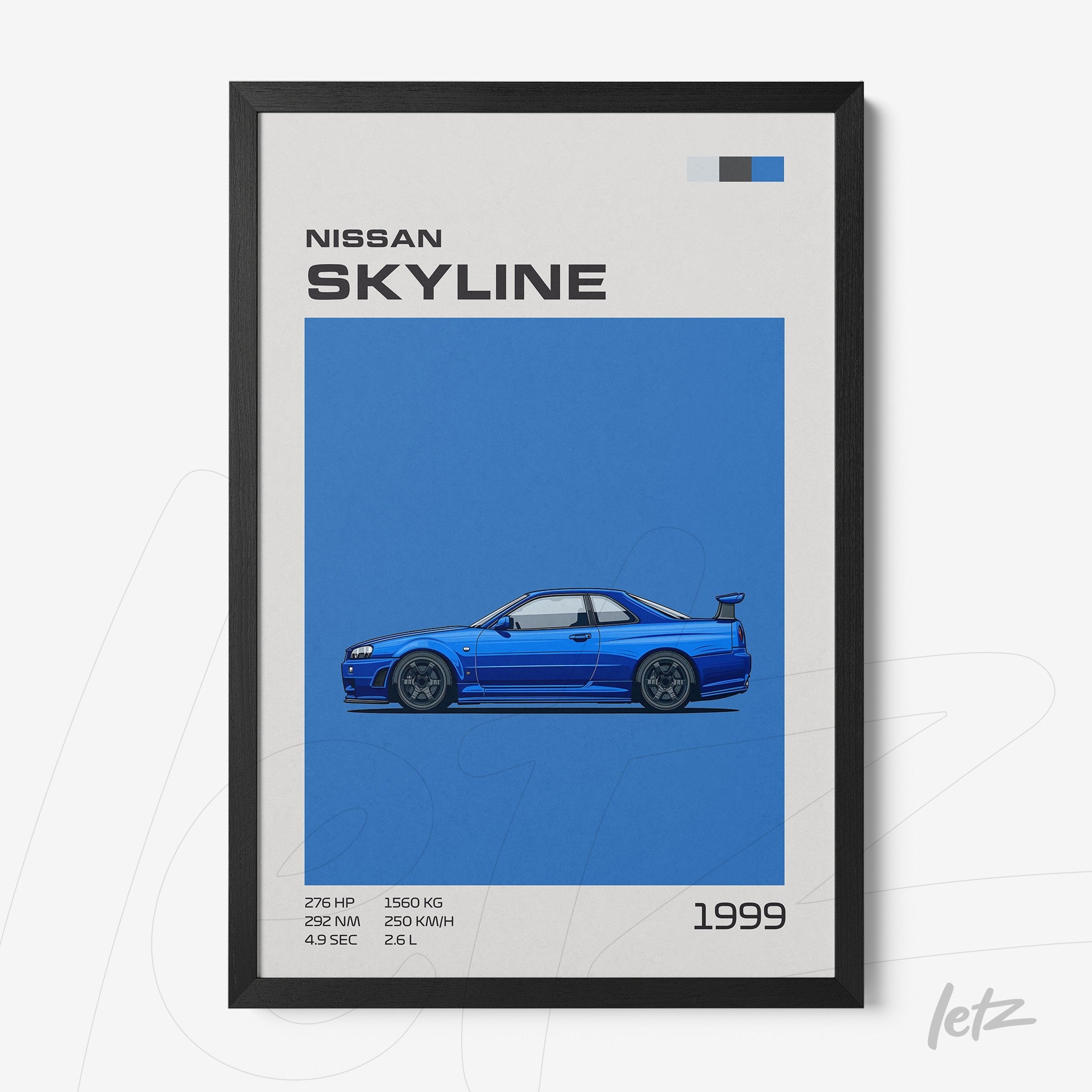 framed artwork featuring a blue Nissan Skyline from 1999 on a blue background with black frame