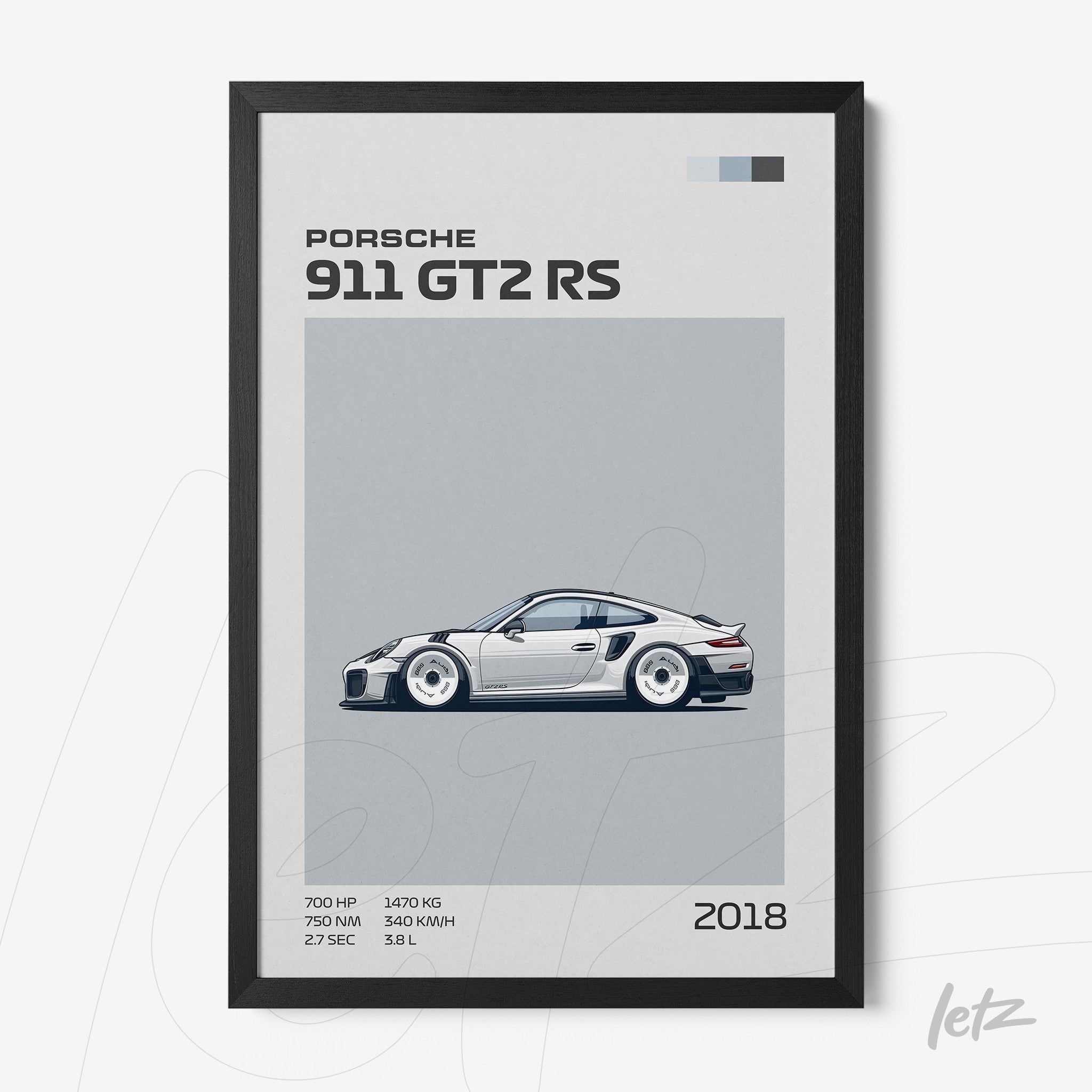 framed artwork of a minimalist illustration of a porsche 911 gt2 rs with a black frame