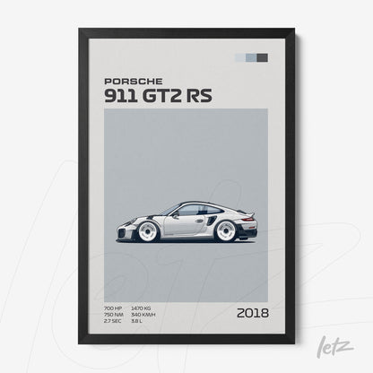 framed artwork of a minimalist illustration of a porsche 911 gt2 rs with a black frame